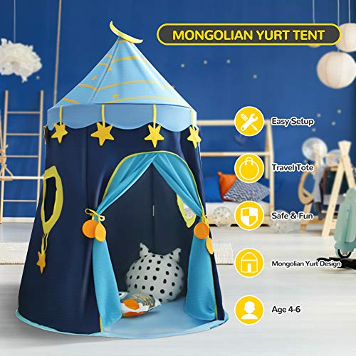 Achort Tienda de Campaña Infantil Carpa Infantil Plegable Casa de Juegos para Interiores y Exteriores Mongolian Pop-up Portátil Tienda con Luces de Estrellas Banderas de coloresBolsa de Transporte