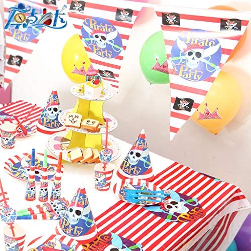 Amycute 12 Invitados Set Vajillas Pirata Infantil Cumpleaños, Platos de Pirata Rayas Rojas y Blancas, Vasos, Cubiertos para Pirata Party
