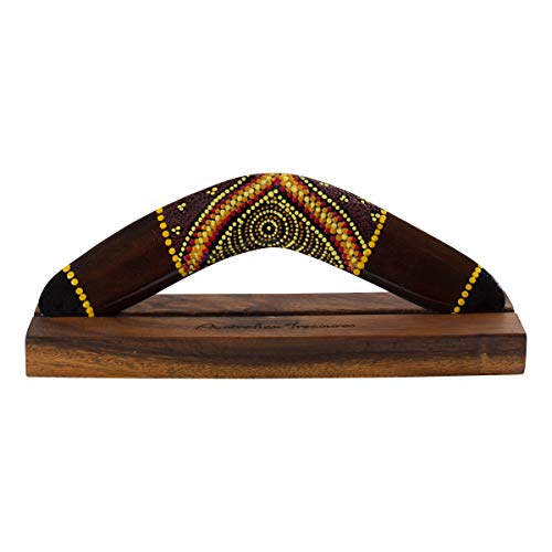 Australian Treasures - Boomerang de Madera Hecho a Mano - de 30cm - con Soporte de Boomerang de Madera Dura - Estilo aborigen Boomerang
