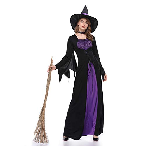 Beaums Vestido de bruja púrpura negro para mujer Bruja Cosplay Disfraz de Halloween para adultos, Disfraz de fiesta de Halloween para Cosplay