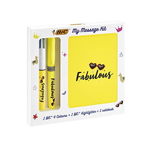 BIC My Message Kit Fabulous - Juego de Escritorio con 1 BIC 4 colores Bolígrafo, 1 BIC Highlighter Grip Bolígrafo (Amarillo), 1 Libreta Tamaño A6 (Blanca), Pack de 3