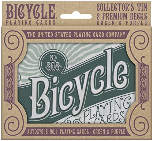 Bicycle Juego de Cartas de estaño Retro de Game, Color Verde y Morado, 62,5 x 88 mm