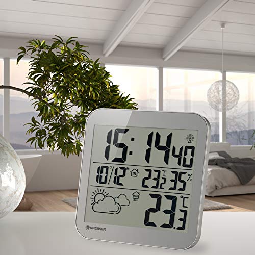 Bresser MyTime - Reloj de Pared con Pantalla LCD y Sensor Exterior, Color Gris