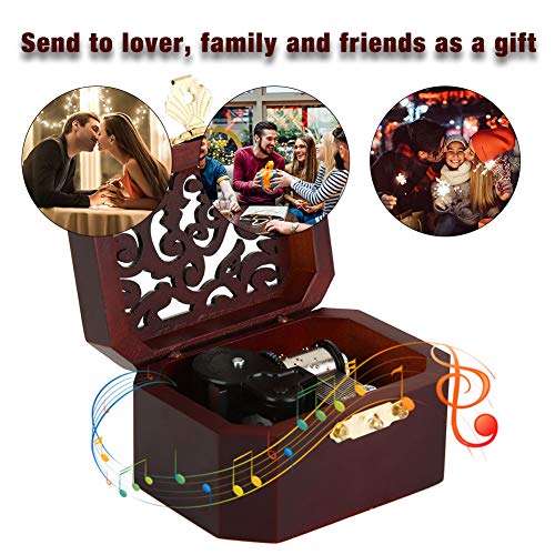 Cajas musicales, Mecanismo tallado en madera Hueco Mecanismo Vintage Octagonal Wind Up Caja de música para Navidad Cumpleaños de San Valentín, El tema del Padrino(Clásico rojo, movimiento plateado)