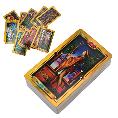 Cartas de Tarot Doradas Fáciles, 78 Gold Tarot Cards Deck Juego de Mesa Interactivo Familiar en Inglés Tarjeta de Tarot, Tarjetas de Papel Holograma con Efecto Flash para Principiantes