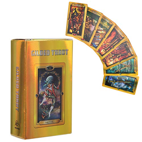 Cartas de Tarot Doradas Fáciles, 78 Gold Tarot Cards Deck Juego de Mesa Interactivo Familiar en Inglés Tarjeta de Tarot, Tarjetas de Papel Holograma con Efecto Flash para Principiantes