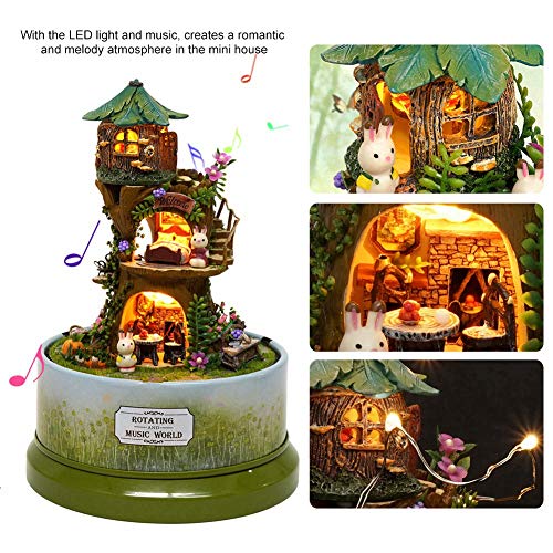 Casa de muñecas DIY Linda Casa de muñecas del Bosque de DIY con Rotar Caja de música Cubierta de Polvo Luz LED