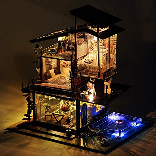 Casa de muñecas DIY, Modelo de Lujo de Valencia Coast Villas Modelo de artesanía de Madera en Miniatura con Caja de música