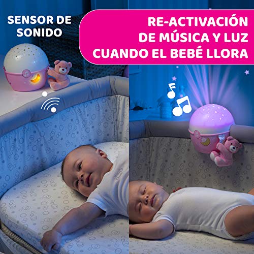 Chicco Next2Stars Luz de Noche Bebé con Peluche - Proyector con Luz de Estrellas para Cunas y Colechos, con Sensor de Sonido, 3 Efectos de Luz y Música 0+ Meses, Rosa