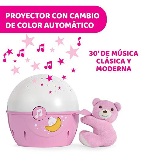 Chicco Next2Stars Luz de Noche Bebé con Peluche - Proyector con Luz de Estrellas para Cunas y Colechos, con Sensor de Sonido, 3 Efectos de Luz y Música 0+ Meses, Rosa