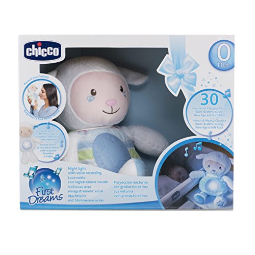Chicco Ovejita Dulces Nanas - Suave peluche de oveja con proyector de luces y melodías, grabadora de voz y sensor de sonido, color azul