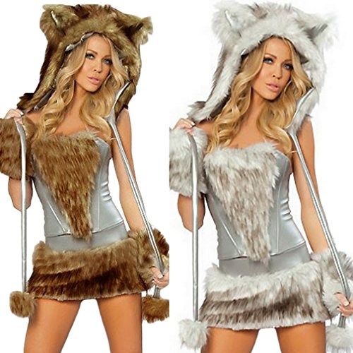 COMVIP Mujeres Disfraz de Animal Atractivo de Halloween del Gato de Cosplay Hairy Lobo Tamaño Libre: Busto 90cm Cintura 72-74cm Gris
