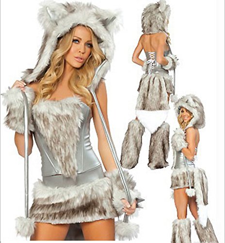 COMVIP Mujeres Disfraz de Animal Atractivo de Halloween del Gato de Cosplay Hairy Lobo Tamaño Libre: Busto 90cm Cintura 72-74cm Gris