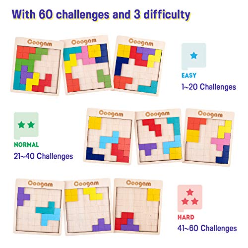 Coogam - Juego de Rompecabezas de Madera con diseño de Tangram con 60 desafíos, Rompecabezas de Madera con Forma de Juguete de construcción Rusa en 3D, Montessori Stem