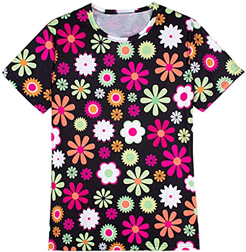 COSAVOROCK Mujer Disfraz de Hippie Flower Power Camiseta y Diadema (M, Negro)