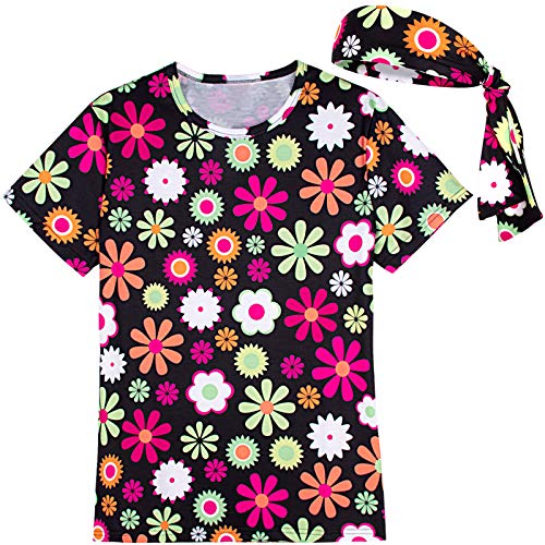 COSAVOROCK Mujer Disfraz de Hippie Flower Power Camiseta y Diadema (M, Negro)