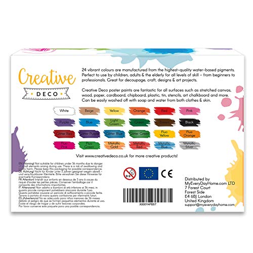 Creative Deco Temperas Pintura Lavable para Niños Bebes | 24 x 20 ml Botes | No Tóxica | Colores: Básicos Fluorescentes Brillantes Metálicos y Neón Principiantes y Artistas