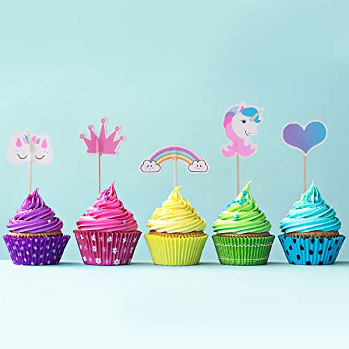 Cupcake Toppers Rainbow Cake Toppers para Niños Niñas Regalo Unicornio Decoraciones de Fiesta de Cumpleaños 48 Piezas