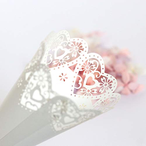 Danolt - Conos de confeti de boda, 100 unidades, diseño de flores de encaje blanco, pétalos de flores, arroz, caramelos, bolsas de chocolate para bodas, bautismos y fiestas