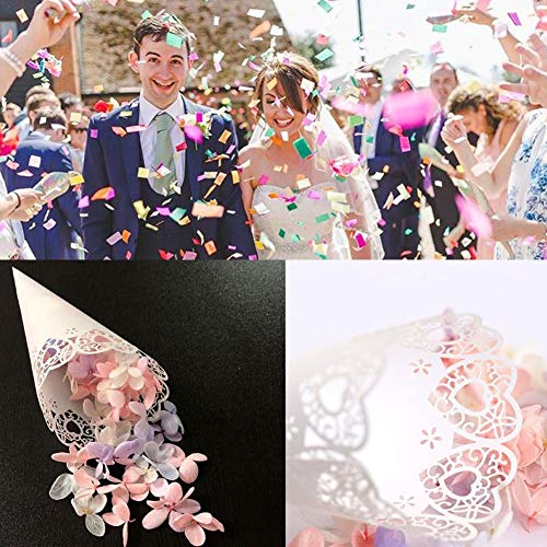 Danolt - Conos de confeti de boda, 100 unidades, diseño de flores de encaje blanco, pétalos de flores, arroz, caramelos, bolsas de chocolate para bodas, bautismos y fiestas