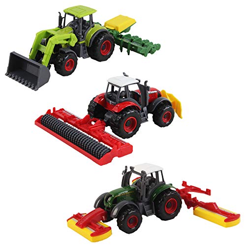 deAO Juego de Granja Vehículos a Fricción Conjunto de 4 Tractores con Remolques Extraíbles, Accesorios, Camión y Animales de Granja Incluidos