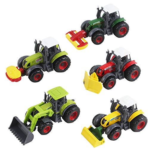 deAO Juego de Granja Vehículos a Fricción Conjunto de 4 Tractores con Remolques Extraíbles, Accesorios, Camión y Animales de Granja Incluidos