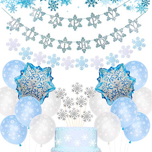 Decoraciones de fiesta de cumpleaños de invierno Copo de nieve Banner de feliz cumpleaños Globos de guirnaldas para suministros de cumpleaños de Winter Wonderland
