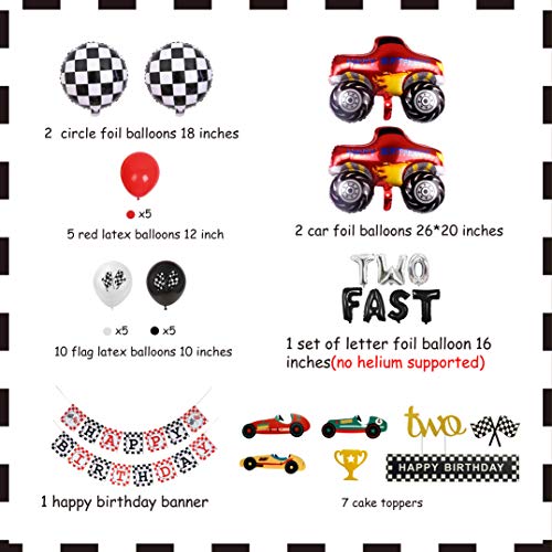 Decoraciones de la fiesta de cumpleaños del segundo cumpleaños Dos autos de carreras rápidas Suministros de la fiesta de cumpleaños Globos de Monster Truck Feliz cumpleaños Banner Cake Topper