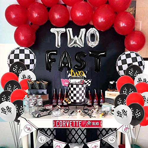 Decoraciones de la fiesta de cumpleaños del segundo cumpleaños Dos autos de carreras rápidas Suministros de la fiesta de cumpleaños Globos de Monster Truck Feliz cumpleaños Banner Cake Topper
