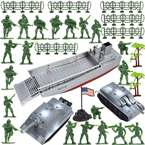 DHIMOG 32 Piezas Militar Toy Sets Barco Aterrizaje Naval con Soldados Juguete, Figuras Militares, Barco Transporte, Banderas y Accesorios Campo Batalla para Niños Juguetes Educativos