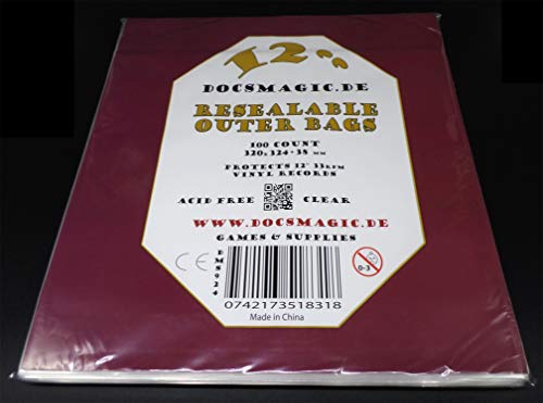 docsmagic.de 100 Resealable Outer Bags for 12" 33rpm Vinyl Records Clear 3 Mil - Disco de Vinilo Fundas Transparente