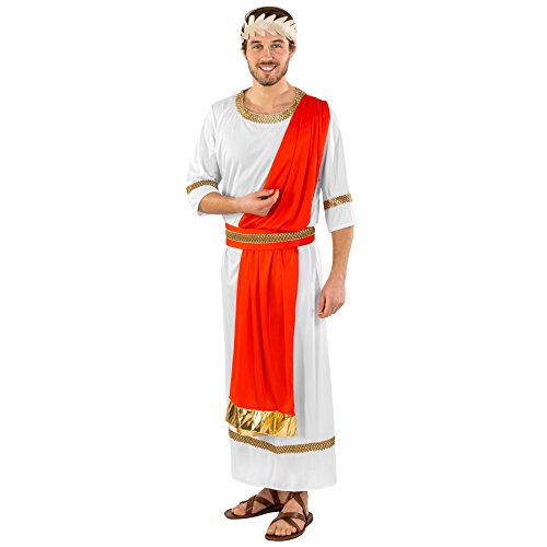 dressforfun Disfraz para Hombre Emperador Romano Rey | Túnica con Corona de Laurel Dorada y cinturón Rojo con Ribetes Dorados (XXL | no. 300470)