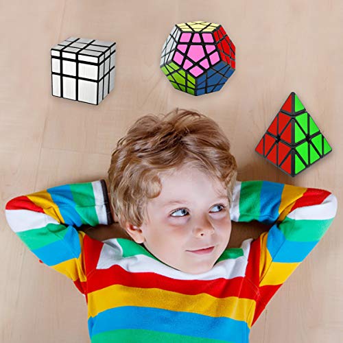 EASEHOME Speed Magic Puzzle Cube Megaminx + Pyraminx + Espejo in Giftbox, 3 Pack Rompecabezas Cubo Mágico PVC Pegatina para Niños y Adultos, Negro