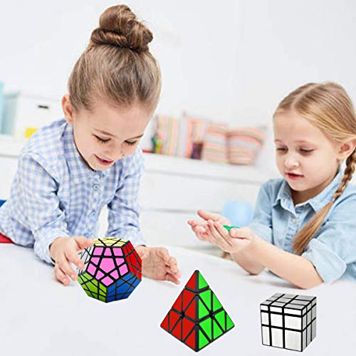 EASEHOME Speed Magic Puzzle Cube Megaminx + Pyraminx + Espejo in Giftbox, 3 Pack Rompecabezas Cubo Mágico PVC Pegatina para Niños y Adultos, Negro