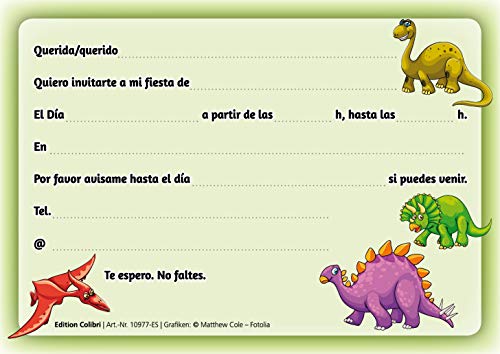 Edition Colibri 10 Invitaciones en español “Dinosaurio“: Juego de 10 Invitaciones para el cumpleaños Infantil / Fiesta (10977 ES)