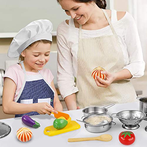EFO SHM Juguetes de Cocina para niños Accesorios, 23 Piezas Juguetes de Chef para Niños, Cocina de Acero, Vegetales para Cortar, Delantal y Gorro De Cocinero, Apto para niños Mayores de 3 años