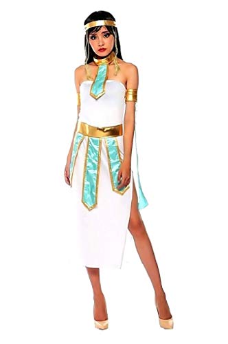 EVRYLON Disfraz de Cleopatra Vestido de Carnaval Egipcio Oro Blanco Fiestas Adultos Talla m