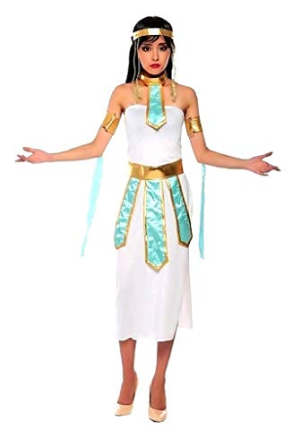 EVRYLON Disfraz de Cleopatra Vestido de Carnaval Egipcio Oro Blanco Fiestas Adultos Talla m