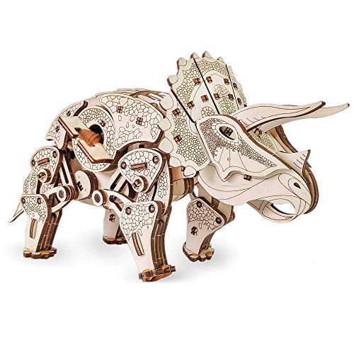 EWA Eco-Wood-Art Triceratops de Dinosaurio mecánico 3D de Madera-Rompecabezas para Adultos y Adolescentes-Montaje sin pegamento-283 Piezas, Color Naturaleza