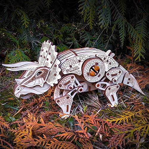 EWA Eco-Wood-Art Triceratops de Dinosaurio mecánico 3D de Madera-Rompecabezas para Adultos y Adolescentes-Montaje sin pegamento-283 Piezas, Color Naturaleza