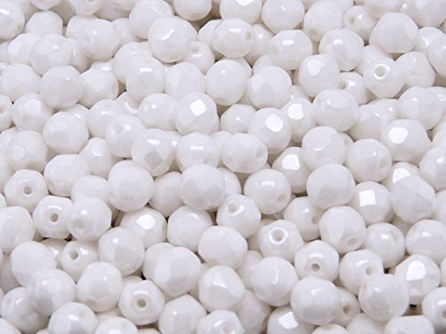 Fire-Polished Beads, 6 mm, 50 piezas, cuentas redondas checas de vidrio facetado, pulido al fuego, Chalk White/Luster White (opaque white ceramic look)