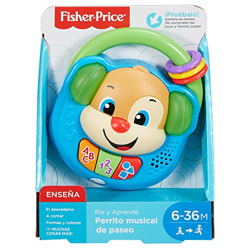 Fisher-Price - Perrito musical de paseo de Ríe y Aprende, radio de juguete para bebé +6 meses (Mattel FPV08)