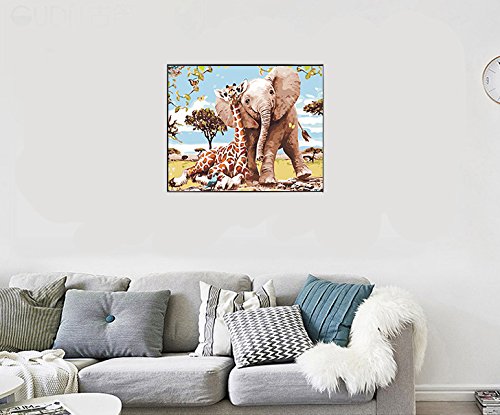 Fuumuui Lienzo de Bricolaje Regalo de Pintura al óleo para Adultos niños Pintura por número Kits Decoraciones para el hogar-Elefante y Jirafa 16 * 20 Pulgadas
