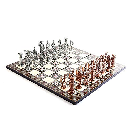GiftHome Historical - Juego de ajedrez de metal de cobre antiguo para adultos, piezas hechas a mano y diseño de mosaico, tablero de ajedrez de madera King 4.3 inc
