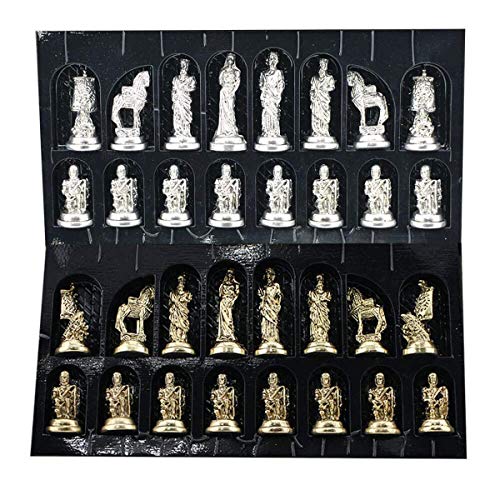 GiftHome Historical Troy Figures - Juego de ajedrez de metal para adultos, hechas a mano y diseño de mosaico, tablero de ajedrez de madera, tamaño King 2,65