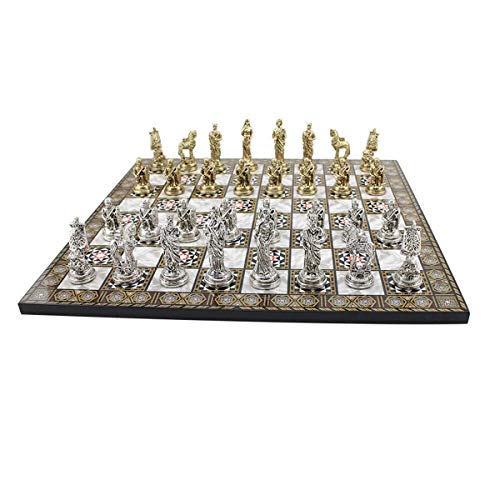 GiftHome Historical Troy Figures - Juego de ajedrez de metal para adultos, hechas a mano y diseño de mosaico, tablero de ajedrez de madera, tamaño King 2,65