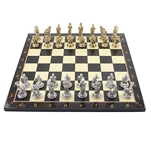 GiftHome Historical Troy Figures Juego de ajedrez de metal para adultos, piezas hechas a mano y tablero de ajedrez de madera con patrón de nogal King 2.65 inc
