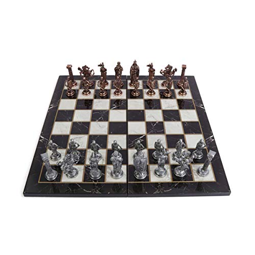 GiftHome Royal Medieval British Army - Juego de ajedrez de metal de cobre antiguo para adultos, piezas hechas a mano y diseño de mármol, tablero de ajedrez de madera King 3.35 inc