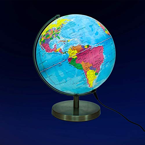 Globo Esfera iluminada Magellan Albion con Imagen de Mapa político e iluminación LED económica, diámetro 25 cm, Esfera con Base metálica en Color latón y meridiano 25 cm