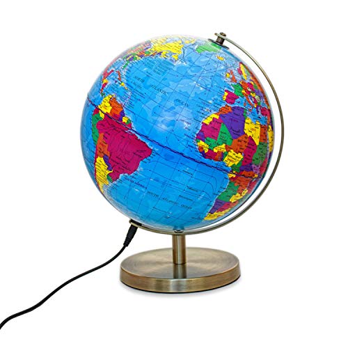 Globo Esfera iluminada Magellan Albion con Imagen de Mapa político e iluminación LED económica, diámetro 25 cm, Esfera con Base metálica en Color latón y meridiano 25 cm